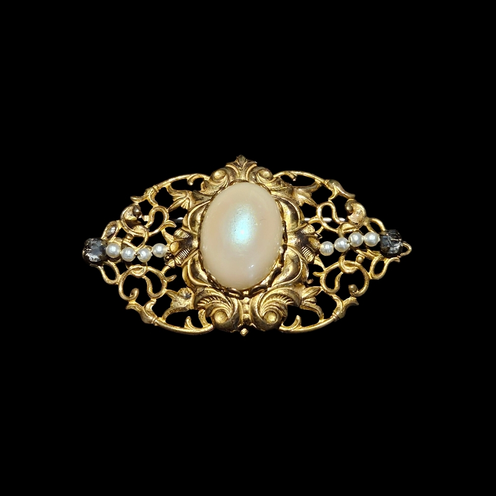 Miriam Haskell Filigree Faux Pearl Cabochon Brooch Pin Vintage Gold Tone